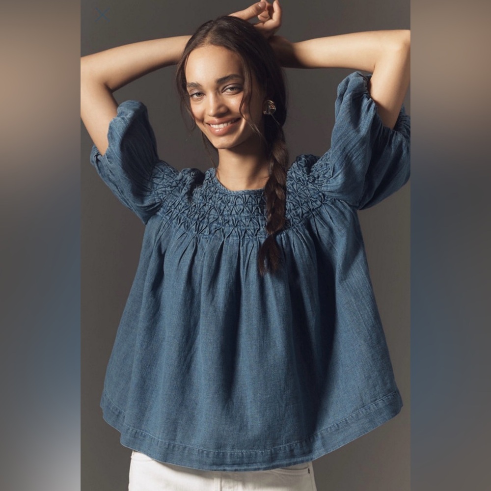 Smocked Blue Women's Peasant Top